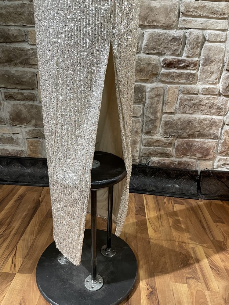 B Darlin Champagne Sequin Strapless Side Slit Gown