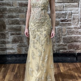 Jasz Couture Beige Illusion Embellished Strapless Gown, Size 00