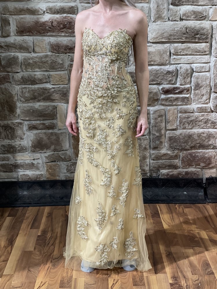 Jasz Couture Beige Illusion Embellished Strapless Gown, Size 00