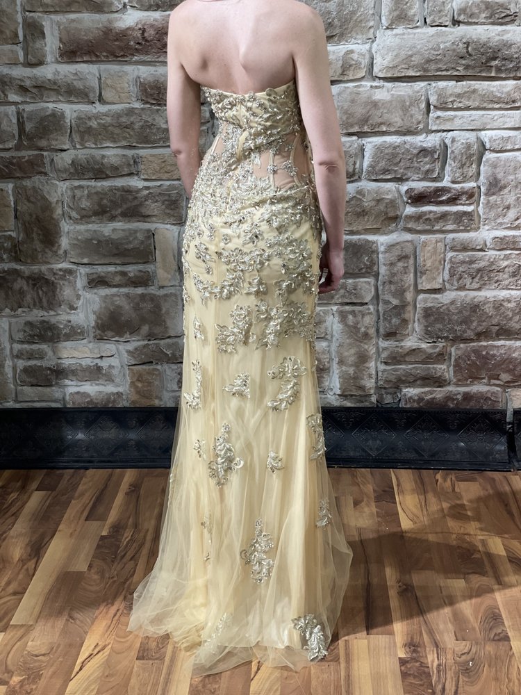 Jasz Couture Beige Illusion Embellished Strapless Gown, Size 00