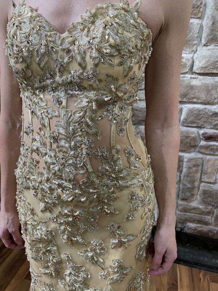 Jasz Couture Beige Illusion Embellished Strapless Gown, Size 00