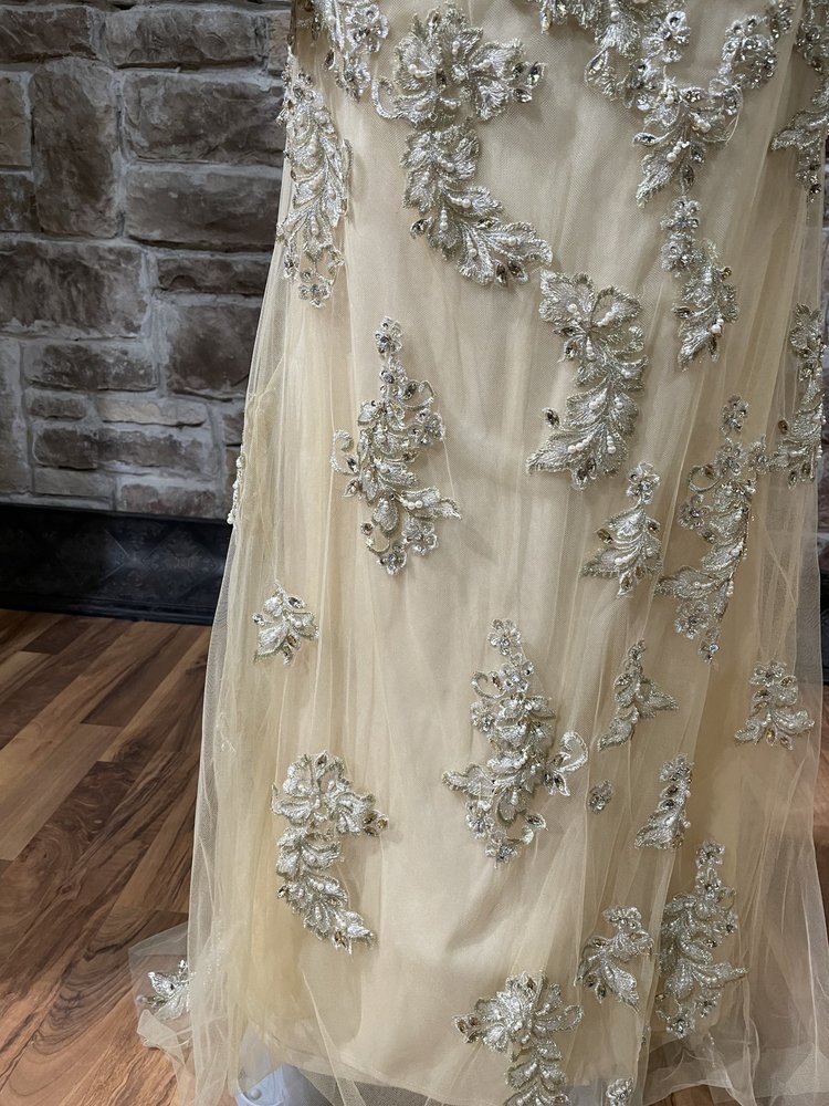 Jasz Couture Beige Illusion Embellished Strapless Gown, Size 00