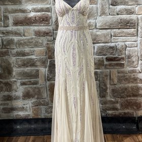 Jump Apparel Beige Lavender Embellished Beaded Gown, Size 11/12