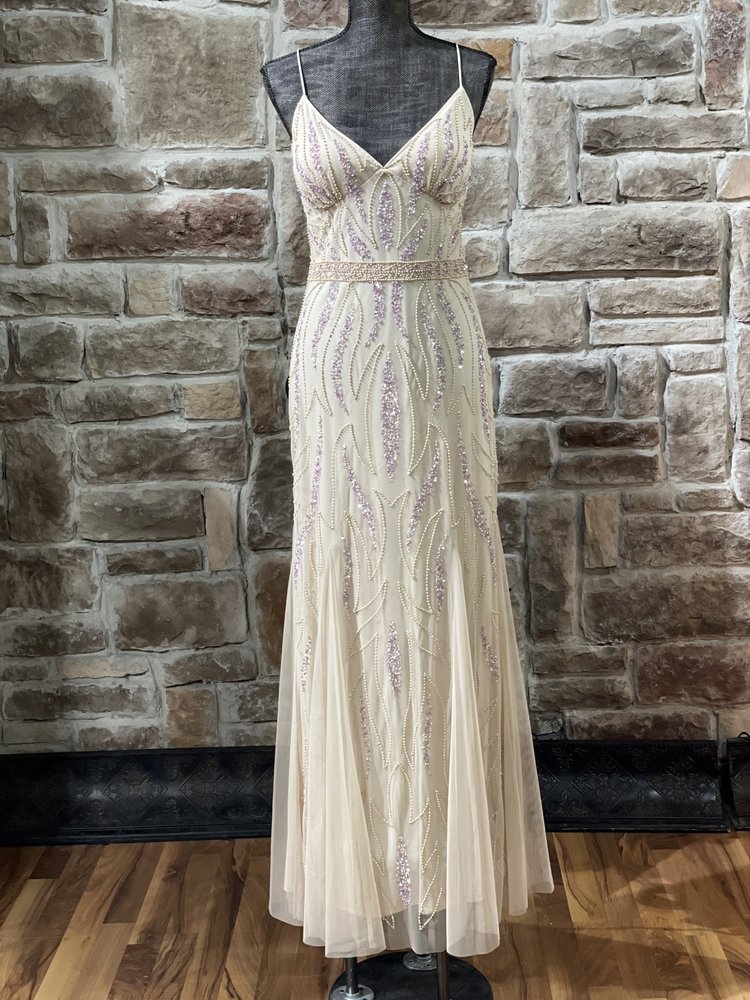 Jump Apparel Beige Lavender Embellished Beaded Gown, Size 11/12