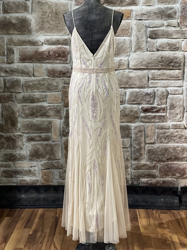 Jump Apparel Beige Lavender Embellished Beaded Gown, Size 11/12