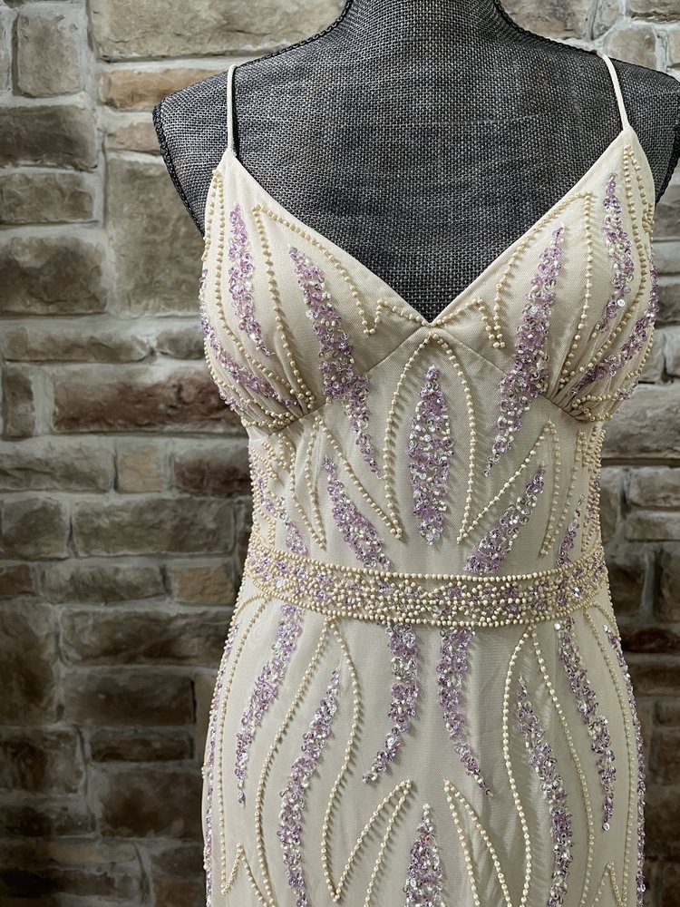 Jump Apparel Beige Lavender Embellished Beaded Gown, Size 11/12