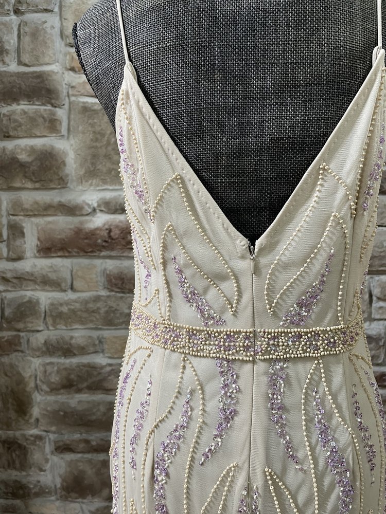 Jump Apparel Beige Lavender Embellished Beaded Gown, Size 11/12