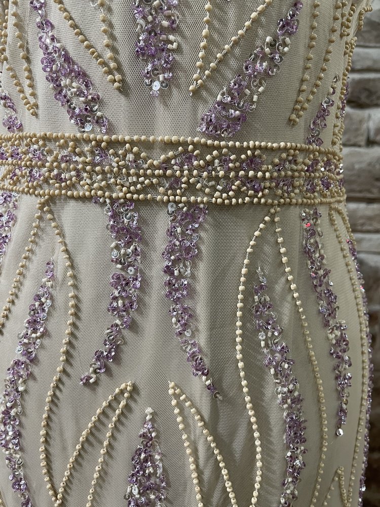 Jump Apparel Beige Lavender Embellished Beaded Gown, Size 11/12