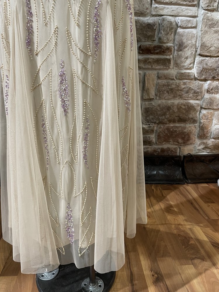 Jump Apparel Beige Lavender Embellished Beaded Gown, Size 11/12