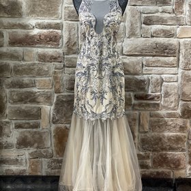 Precious Formals Beige Mesh and Blue Embellished Bodice Gown, Size 14