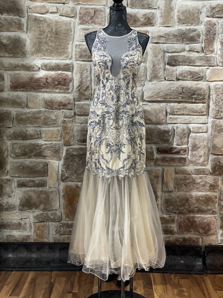 Precious Formals Beige Mesh and Blue Embellished Bodice Gown, Size 14