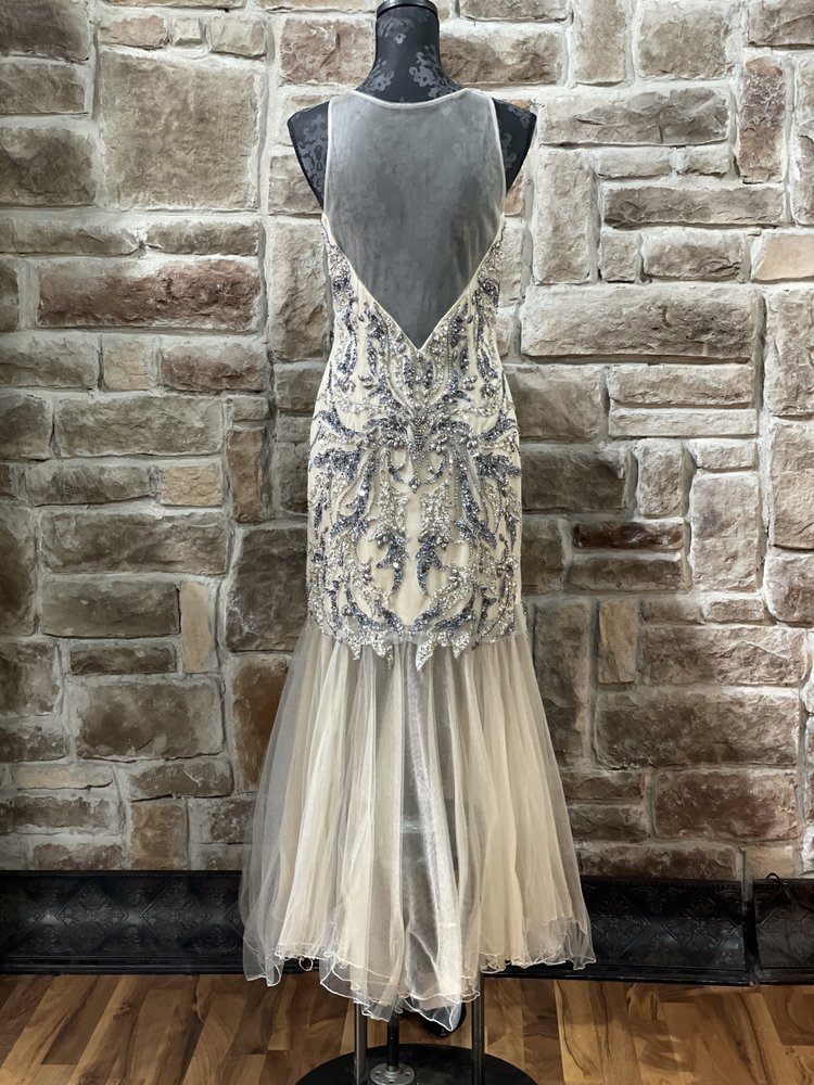 Precious Formals Beige Mesh and Blue Embellished Bodice Gown, Size 14