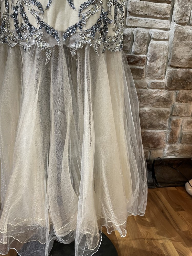 Precious Formals Beige Mesh and Blue Embellished Bodice Gown, Size 14