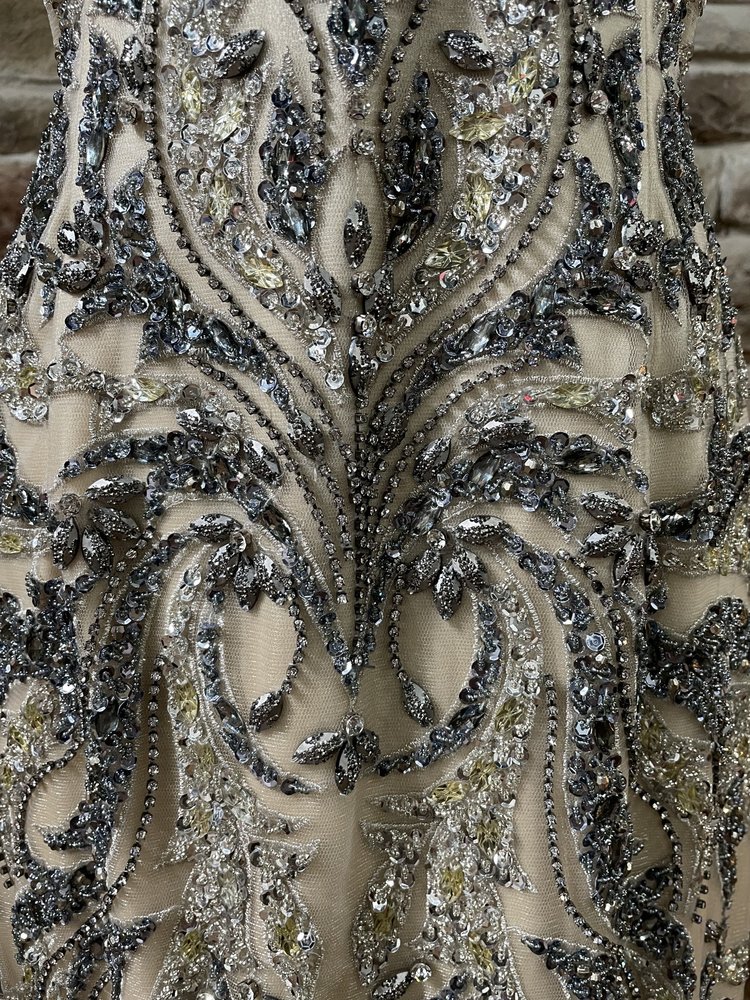 Precious Formals Beige Mesh and Blue Embellished Bodice Gown, Size 14