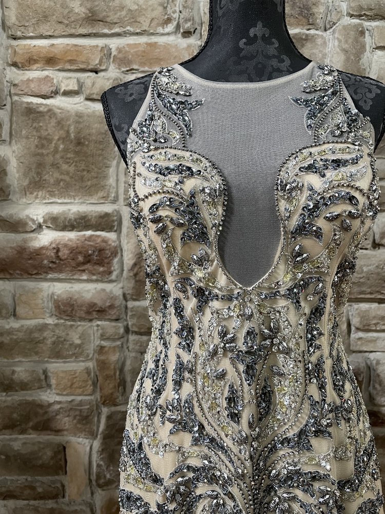 Precious Formals Beige Mesh and Blue Embellished Bodice Gown, Size 14