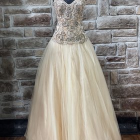 Jovani Beige Embroidered Bodice Full Skirt Gown, Size 10