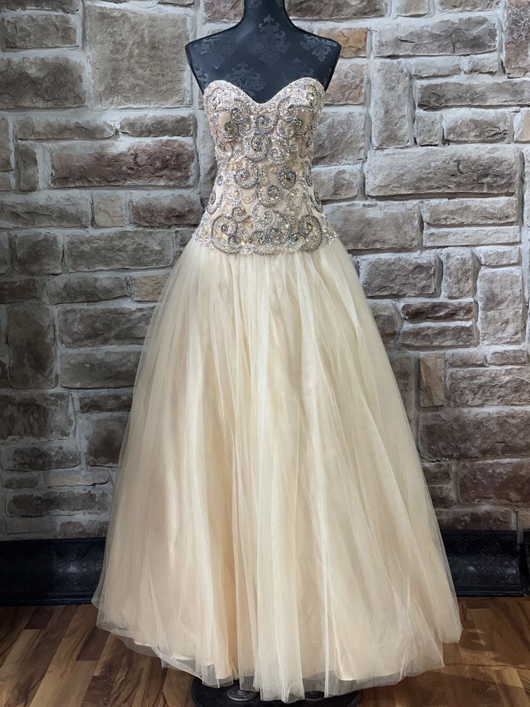 Jovani Beige Embroidered Bodice Full Skirt Gown, Size 10