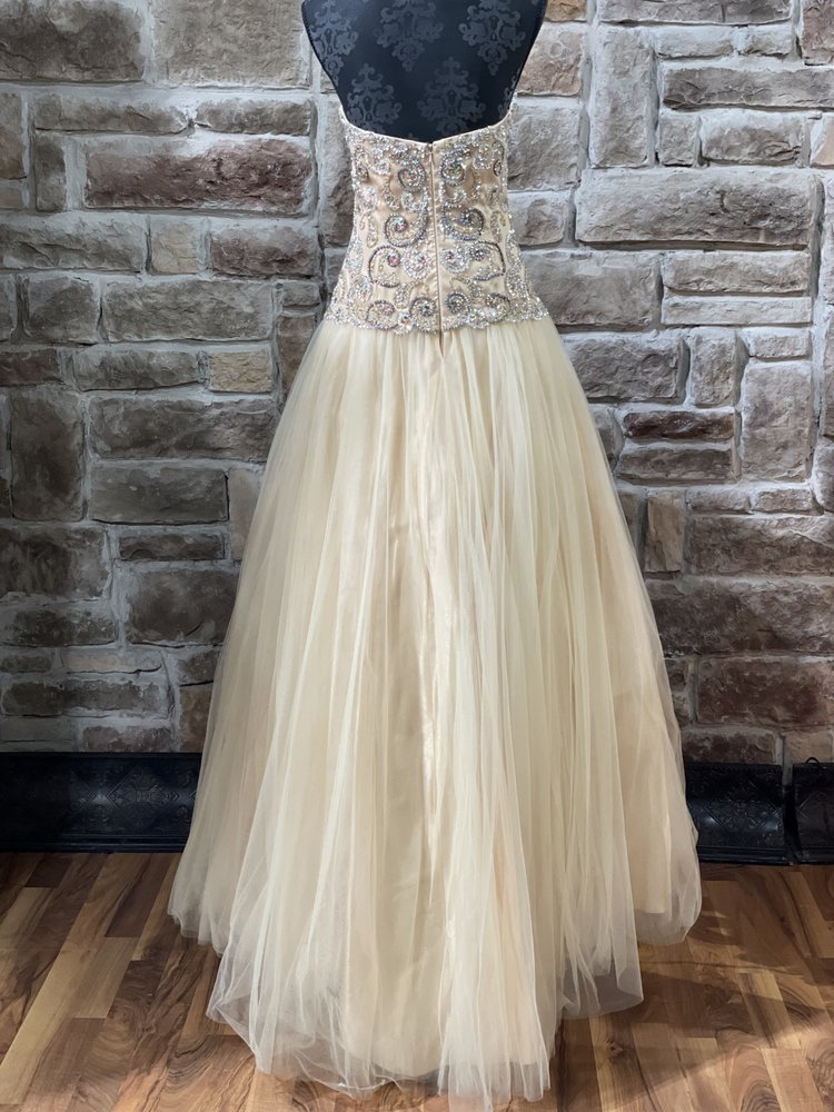 Jovani Beige Embroidered Bodice Full Skirt Gown, Size 10