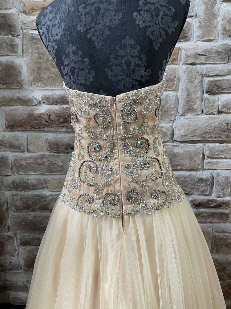 Jovani Beige Embroidered Bodice Full Skirt Gown, Size 10