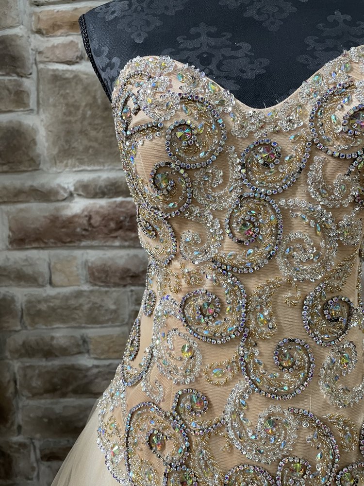 Jovani Beige Embroidered Bodice Full Skirt Gown, Size 10