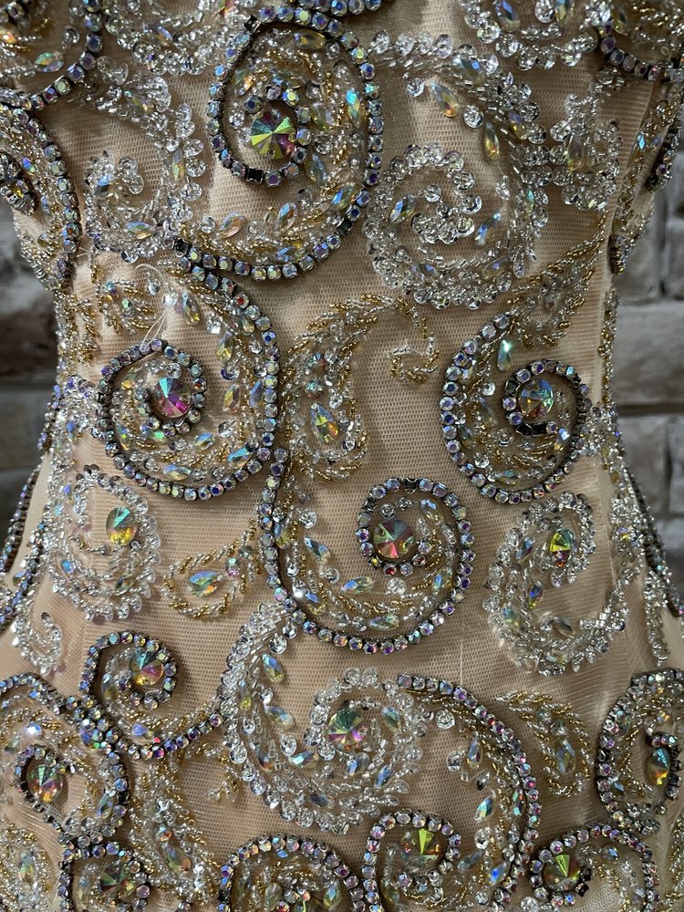 Jovani Beige Embroidered Bodice Full Skirt Gown, Size 10