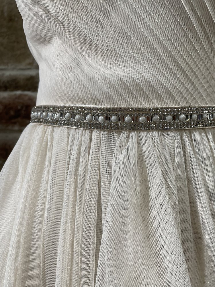 Sequin Hearts Cream Flutter Skirt Embellished Waist Gown