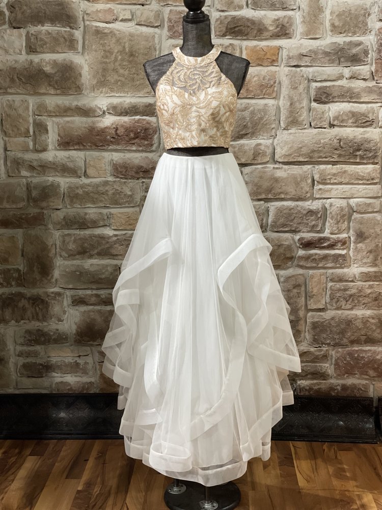 TLC Say Yes to the Prom White and Gold Two Piece Gown