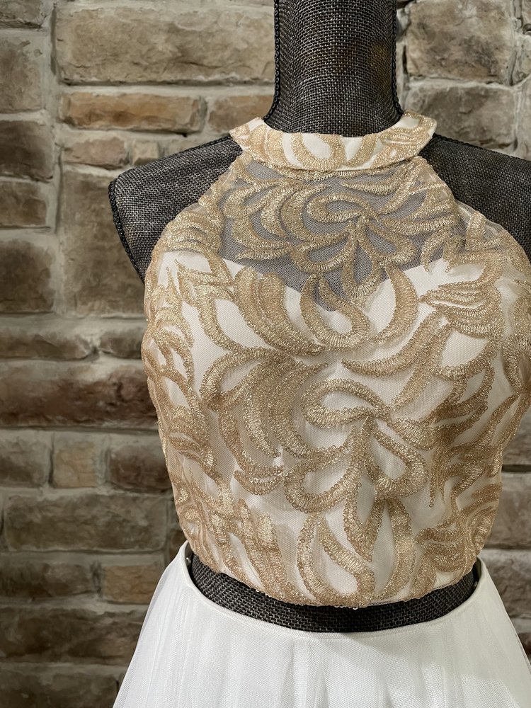 TLC Say Yes to the Prom White and Gold Two Piece Gown