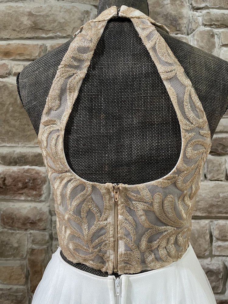 TLC Say Yes to the Prom White and Gold Two Piece Gown