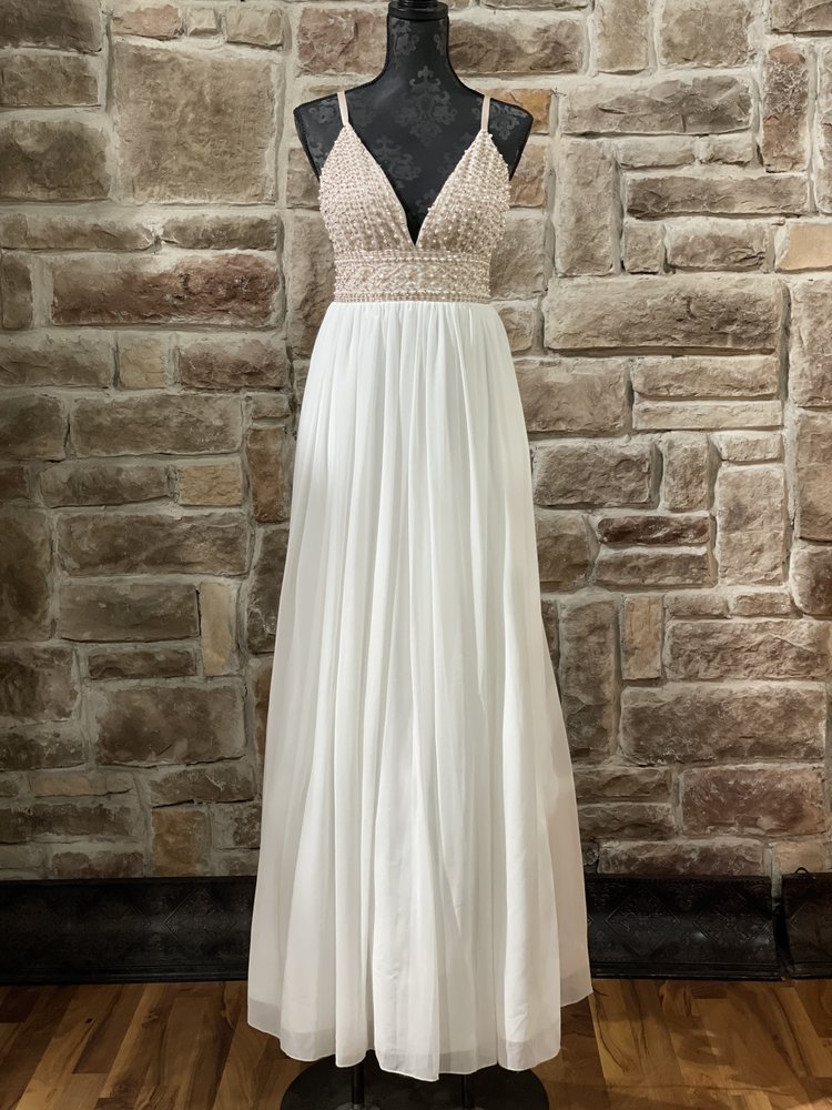 TLC Say Yes to the Prom Beige and White Embellished Top Gown