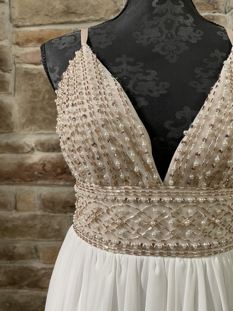 TLC Say Yes to the Prom Beige and White Embellished Top Gown