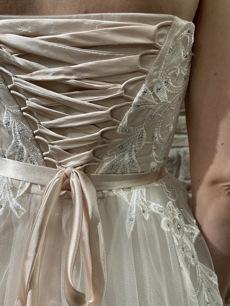 TLC Say Yes to the Prom Ivory Embroidered Overlay Corset Back Gown, Size 1/2