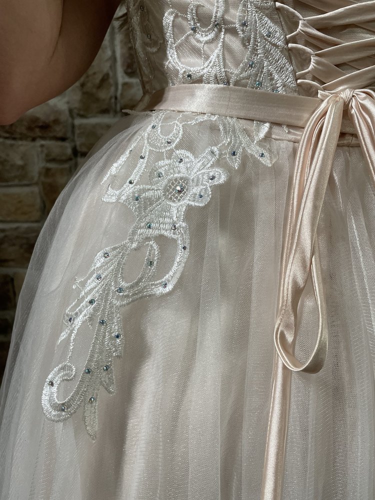 TLC Say Yes to the Prom Ivory Embroidered Overlay Corset Back Gown, Size 1/2