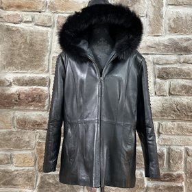 whetblu Black Leather Jacket w/ Hood and Fox Trim, Size XXL