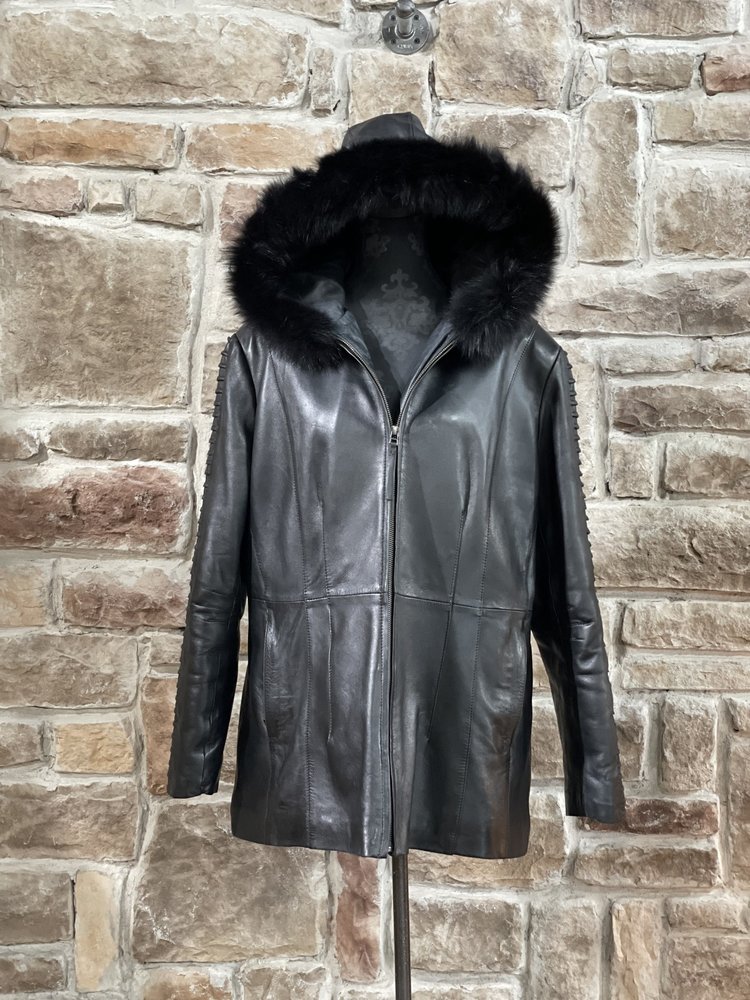 whetblu Black Leather Jacket w/ Hood and Fox Trim, Size XXL