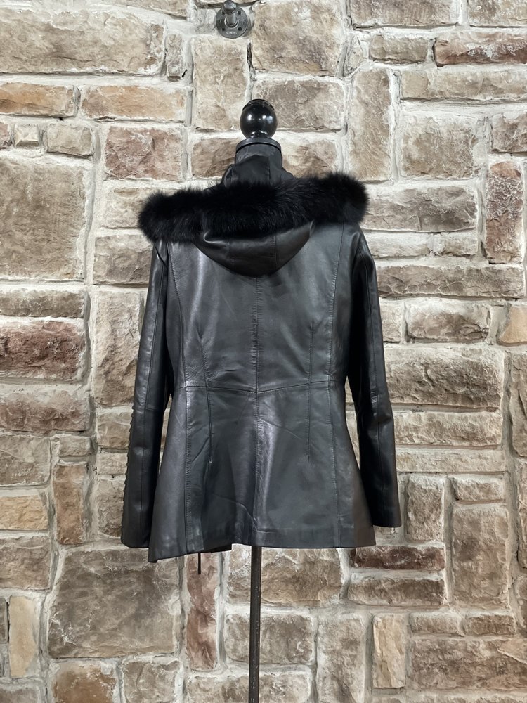whetblu Black Leather Jacket w/ Hood and Fox Trim, Size XXL