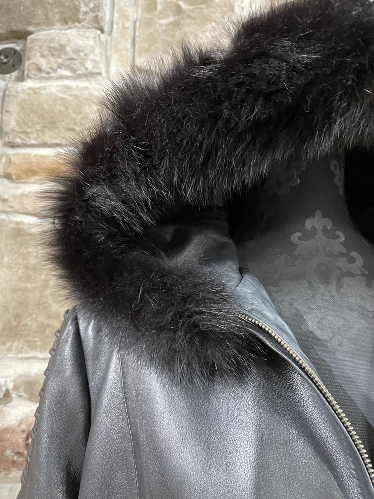 whetblu Black Leather Jacket w/ Hood and Fox Trim, Size XXL