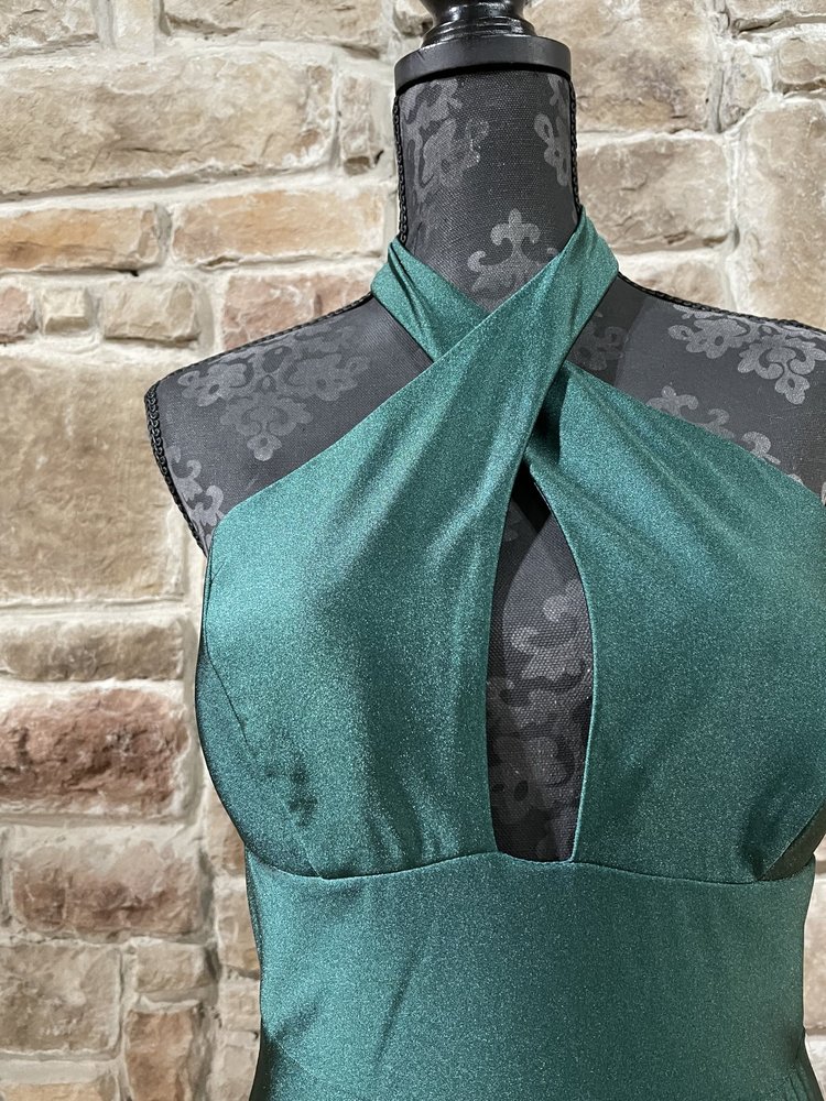 Blondie Nites Asparagus Green Stretchy Halter Key Hole Gown