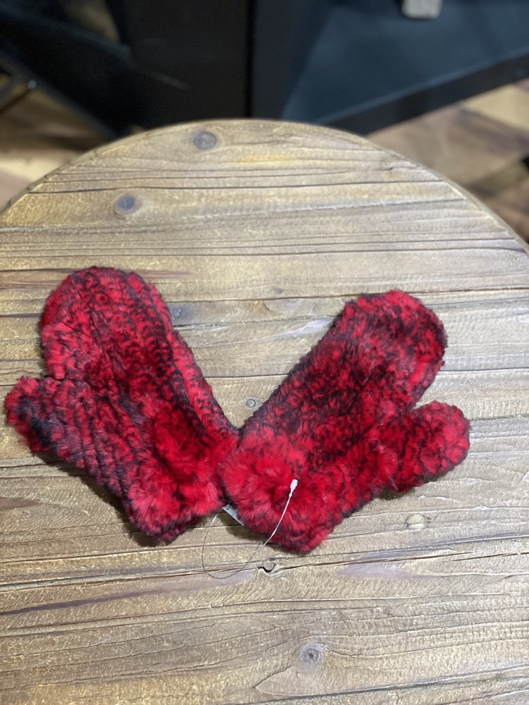 Red and Black Knitted Rabbit Mittens, O/S