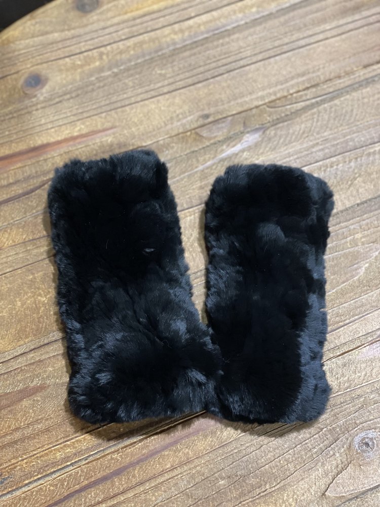 Black Knitted Rabbit Wrist Fingerless Gloves, O/S