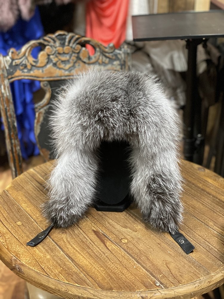 Silver Fox  and Leather Trapper Hat, O/S