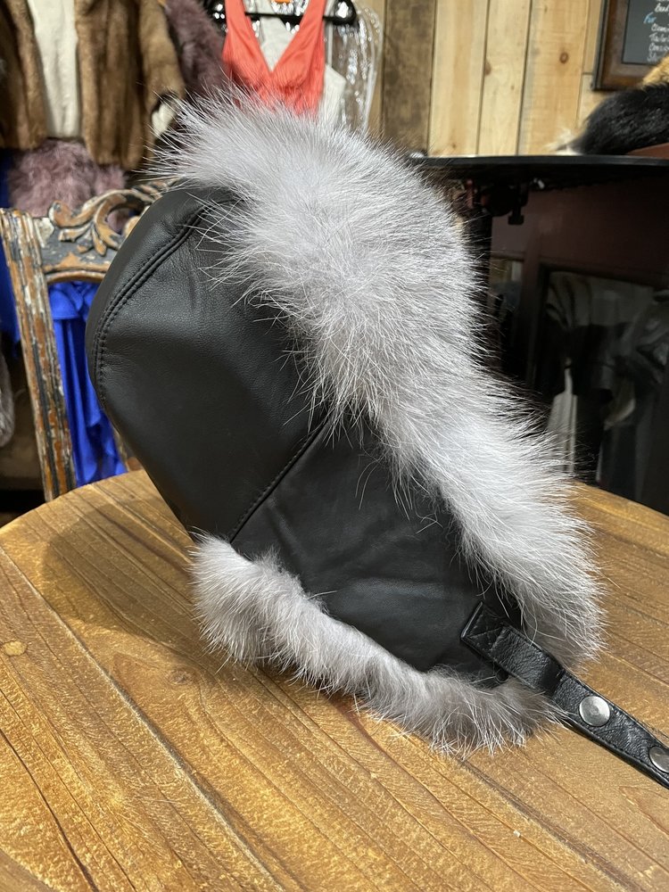 Silver Fox  and Leather Trapper Hat, O/S