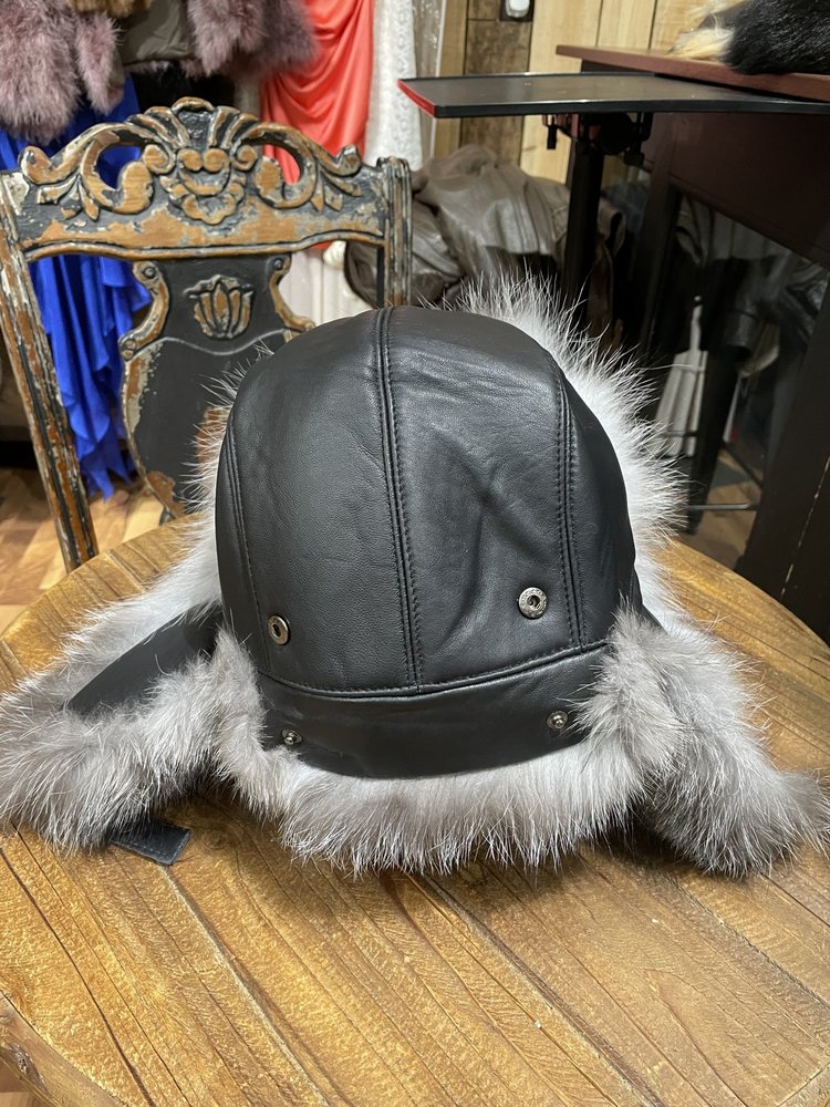 Silver Fox  and Leather Trapper Hat, O/S
