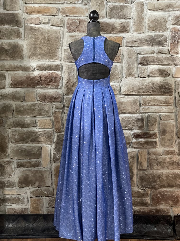 Morgan & Co. Blue Shimmer Cut Out Back Gown w/ Pockets
