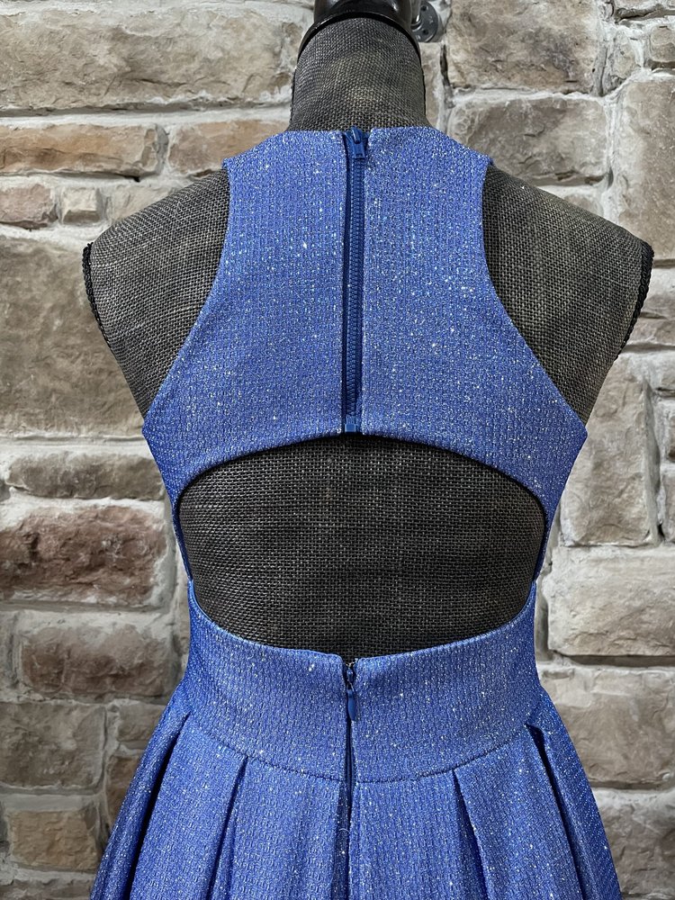 Morgan & Co. Blue Shimmer Cut Out Back Gown w/ Pockets