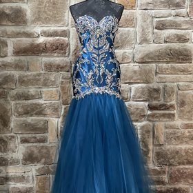 Rachel Allan Party Time Teal Peacock Embellished Structured Gown, Size 4