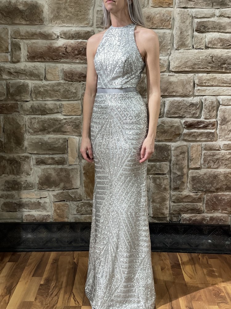 Lux Gal Silver Sequin Mesh Back Halter Gown, Size 00