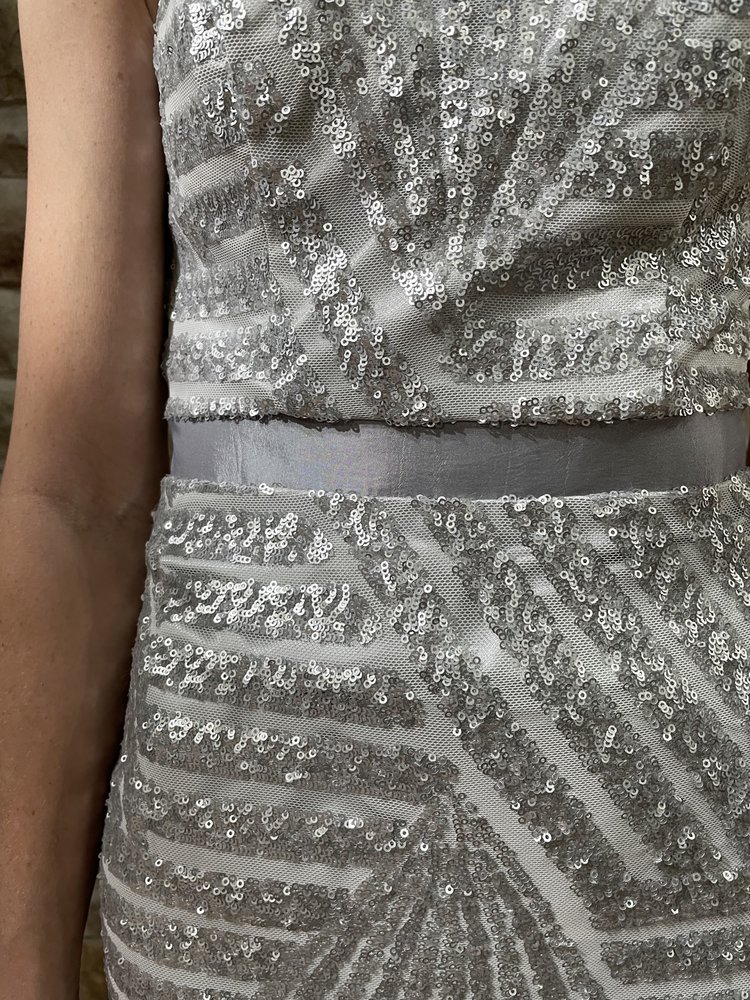 Lux Gal Silver Sequin Mesh Back Halter Gown, Size 00