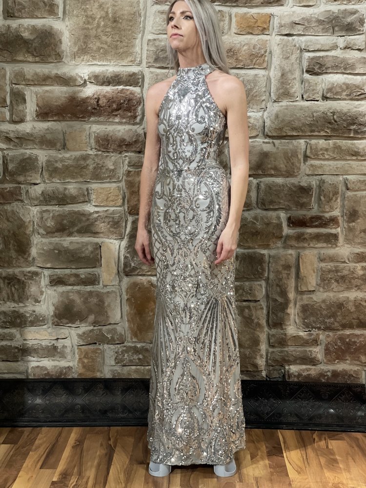 B Darlin Silver Sequin Halter Open Back Gown, Size 1/2