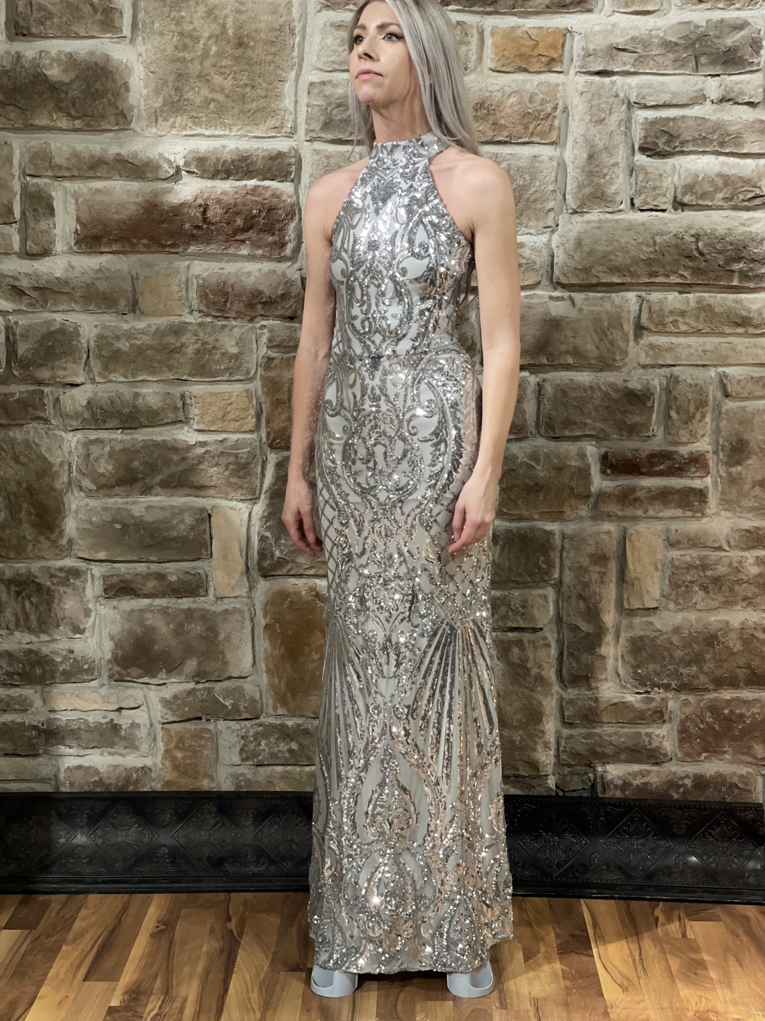 Silver Sequin Halter Open Back Gown, Size 1/2 - Elements Unleashed